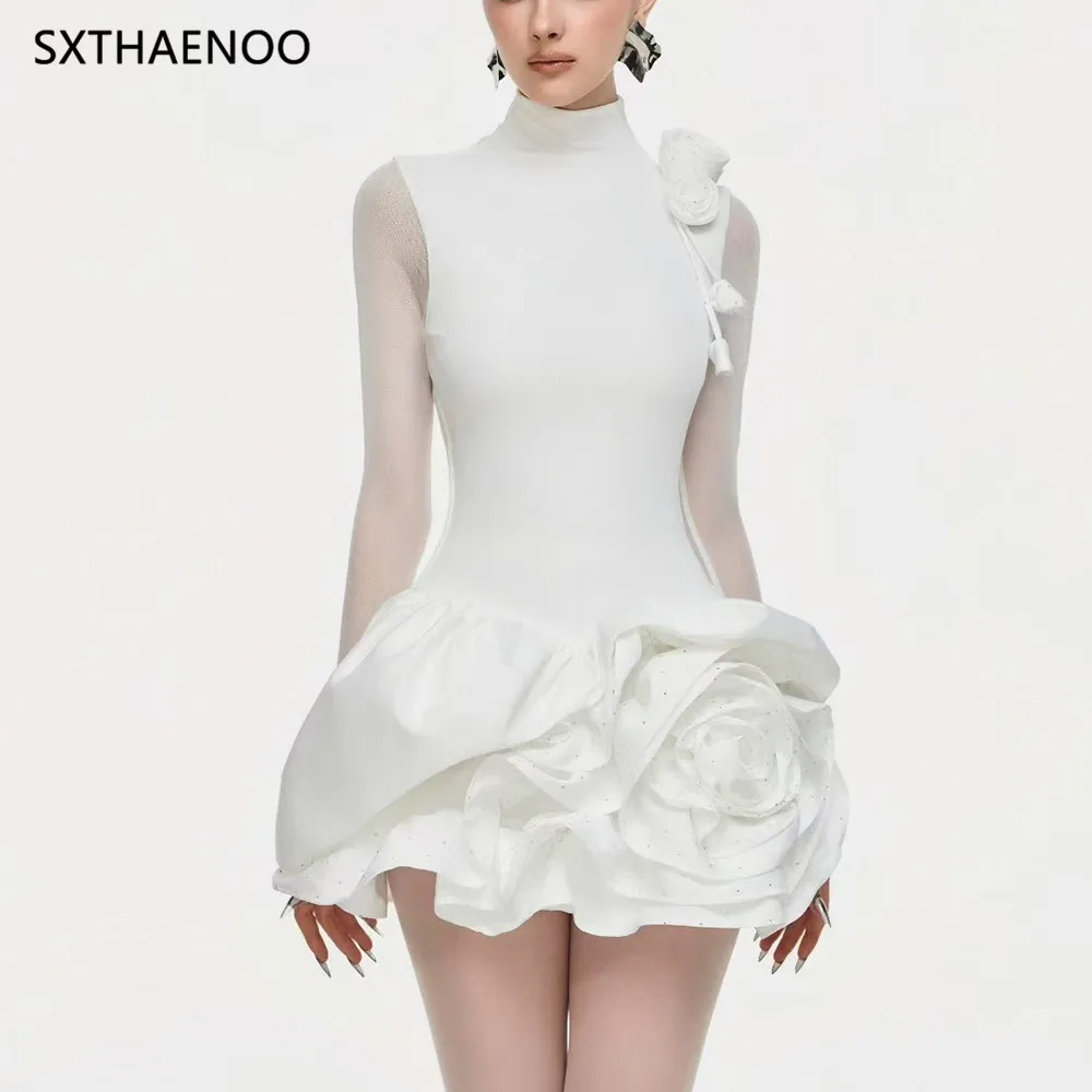 

SXTHAENOO Elegant Dress Stand Collar 3D Flower Ruffled Long Sleeve Slim Women's Evening Party Dresses 2025 Summer New Fashion
