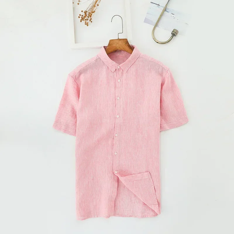 

Summer Linen Shirt Men Pink Shirts Boys Plus Size Xxxl Short Sleeve Button Up Top Social Collar Shirt Social Party Casual Wear