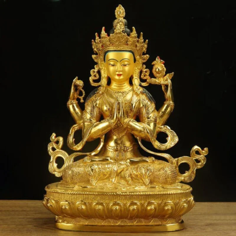 

12 Inch 30cm Genuine Bronze Gold-Plated Chenrezig Guanyin 4-Arm Armed Guanyin Statue