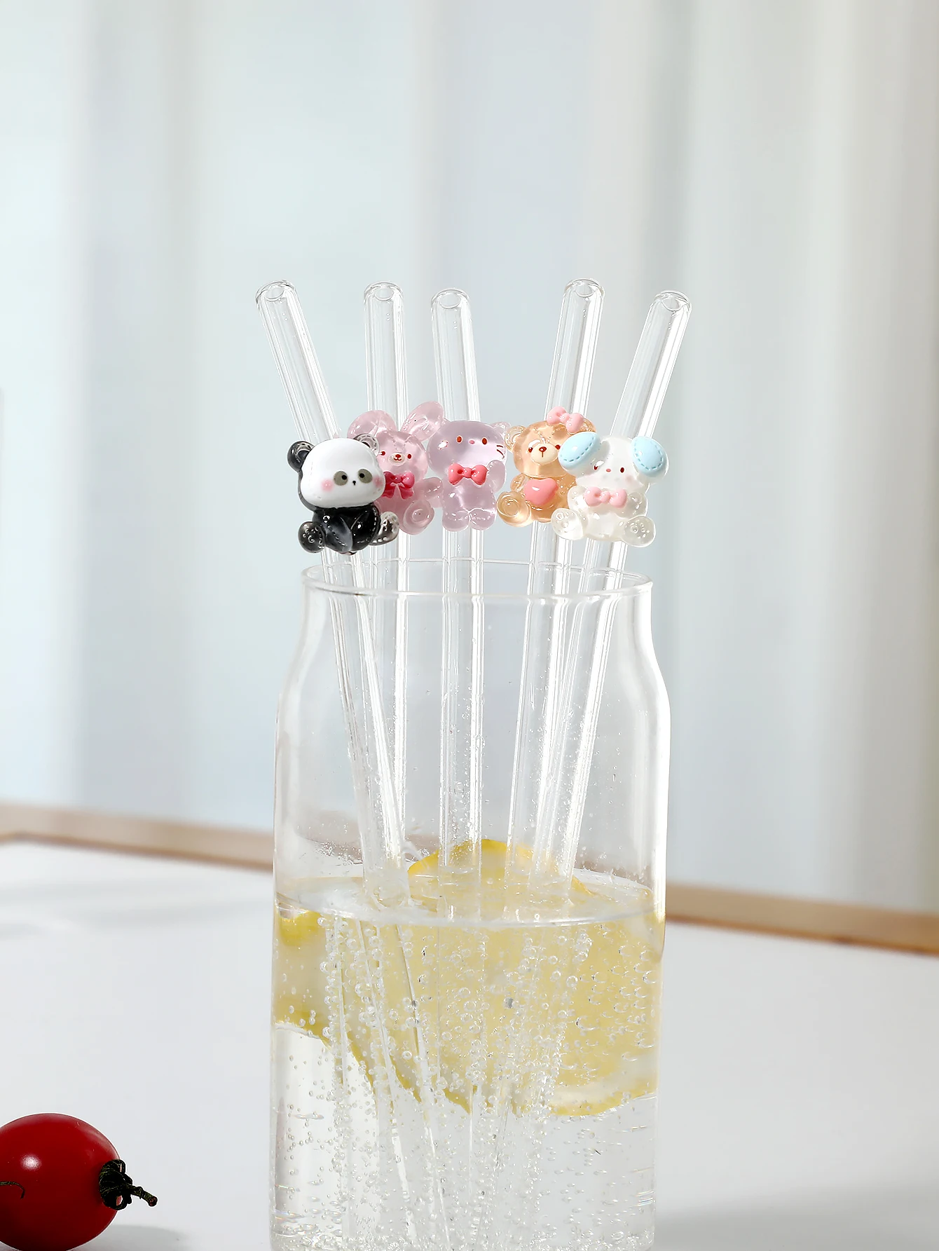 Pajitas de vidrio dobladas reutilizables, diseños de Panda/conejo/gato/perro, café helado y bebidas de verano, fiestas en la playa y tiendas de postres, 1/5 Uds.