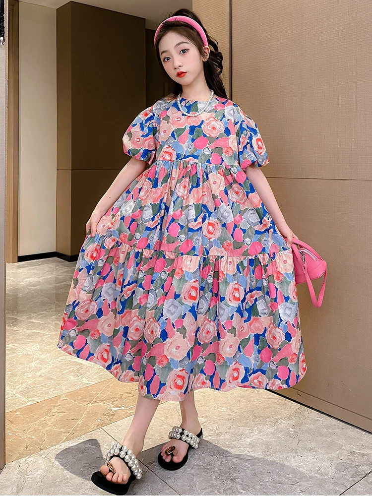 Summer Kids Floral Dresses for Girls Korean Loose Casual Dress Girl Clothing Cute Teenager Children Princess Dress 6 8 10 12 14Y