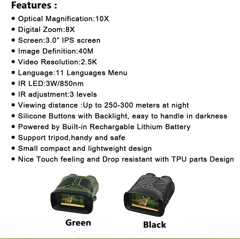 DT39 Binocular Infrared digital night device 10X Optical Magnification 8X Digital Zoom HD 3inch LCD display for camping Hunting