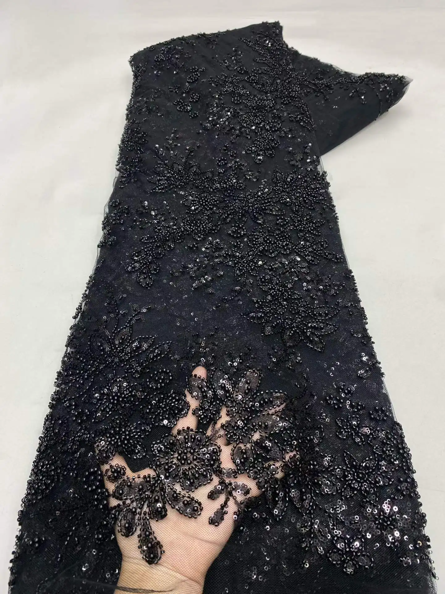 

Элитное африканское кружево с бисером 2026: высококачественная ткань ручной работы с пайетками, 5 ярдов, для вечерних платьев в нигерийском стиле