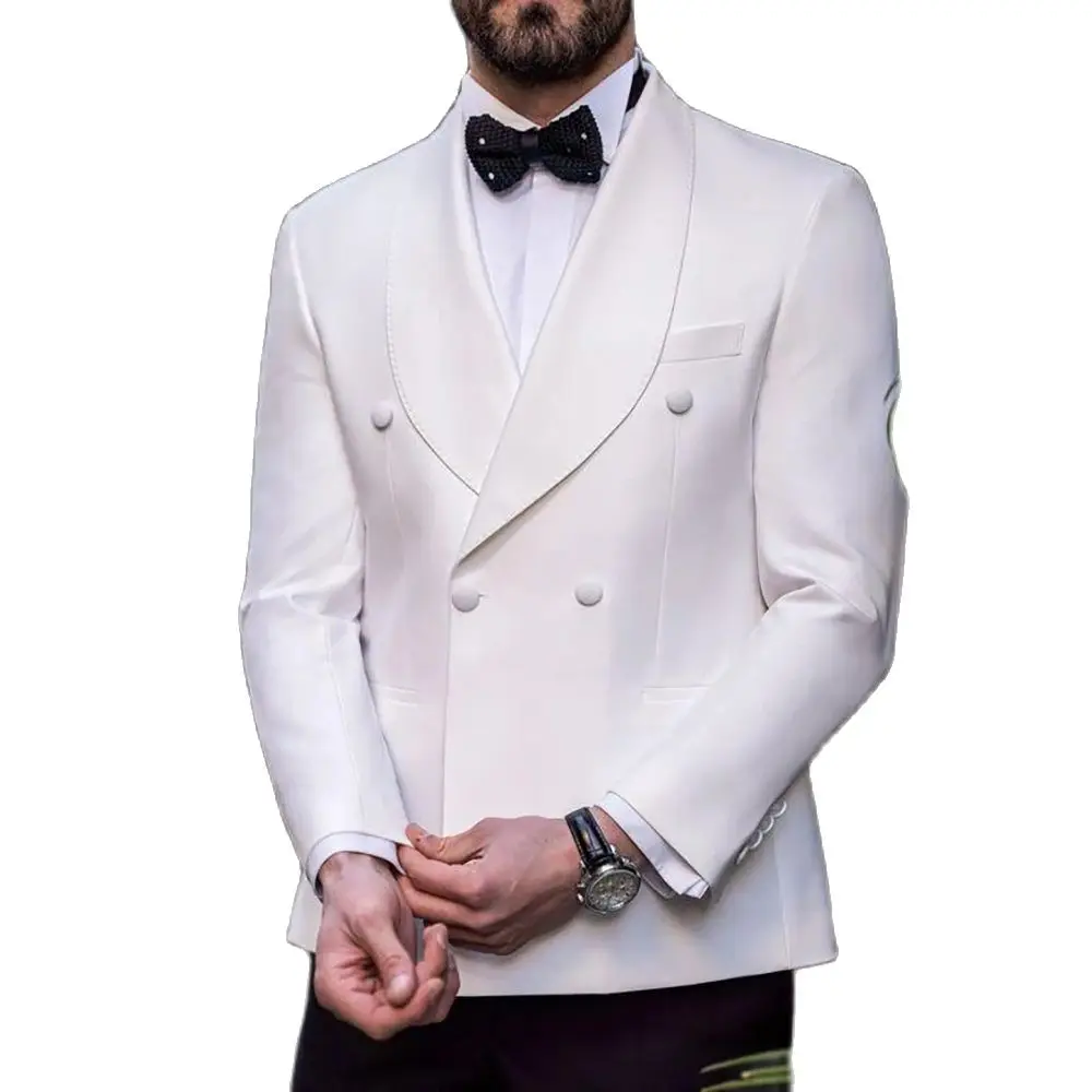 White Blazer Double Breasted Men Suit Two Pieces(Jacket+Black Pants) Lapel Outfits Chic Casual Party Prom Wedding Set