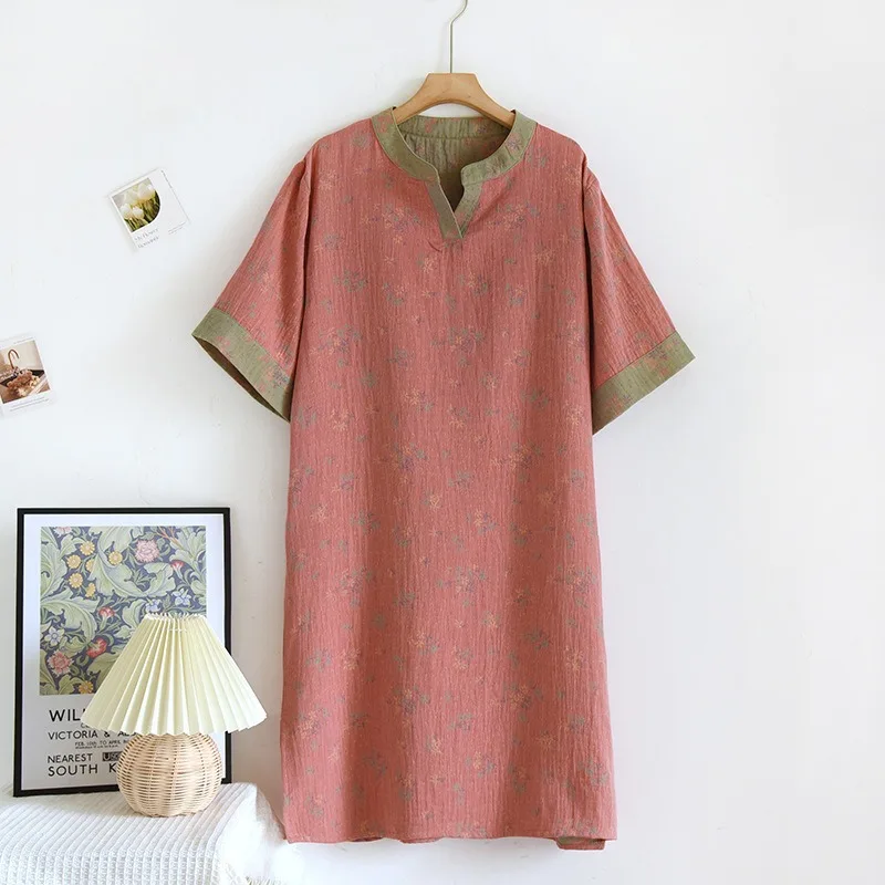 Women Nightgown Cotton Short Sleeve Vintage Yarn Dyed Print Nightwear Women\'s Pajamas Home Clothe Dressing Gown Loose Nightdress