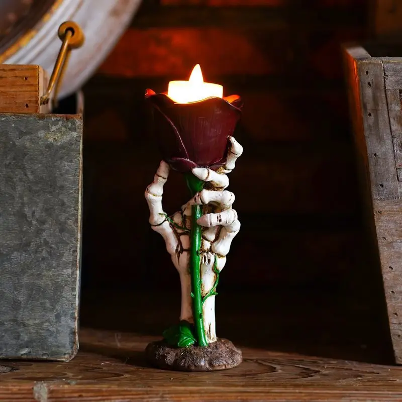 Halloween Skeleton Hand Rose Candlestick Decoration A Resin Home Retro Romantic Candlestick Atmosphere Decoration