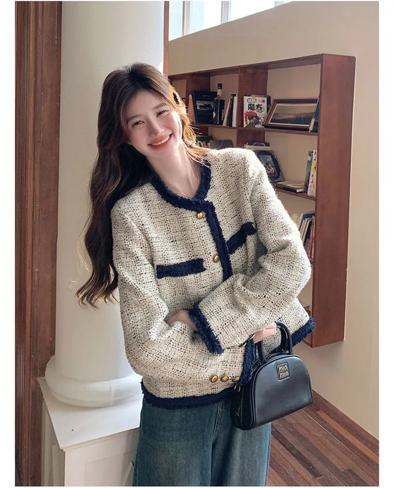 French Contrasting Tassel Small Fragrant Style Jacket 2025 Autumn New Style Temperament Socialite Style Short Coarse Tweed Top