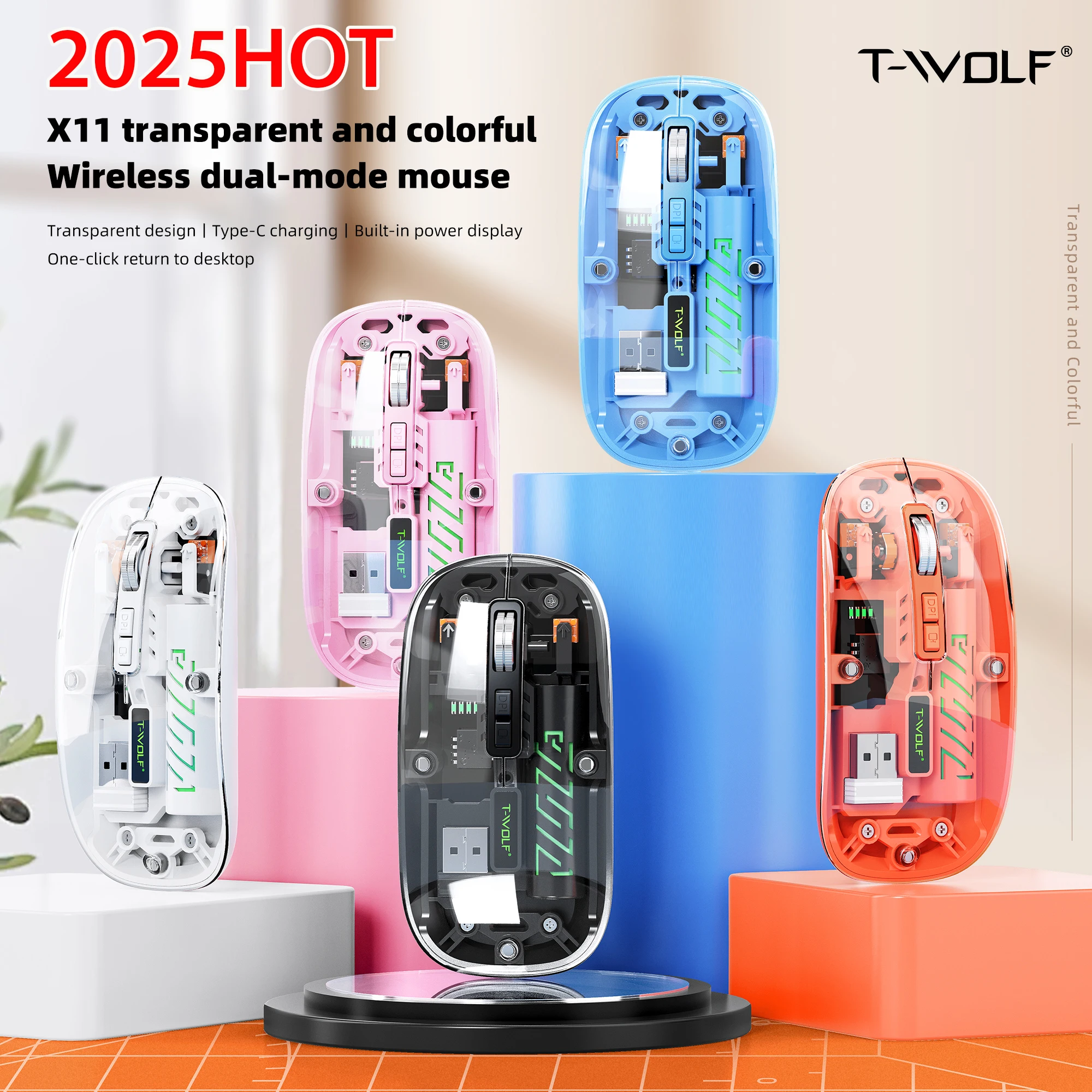 

2025Новая прозрачная двухрежимная беспроводная мышь 2,4G Bluetooth перезаряжаемая мышь бесшумная эргономичная мышь для ноутбука, планшета, телефона, ПК