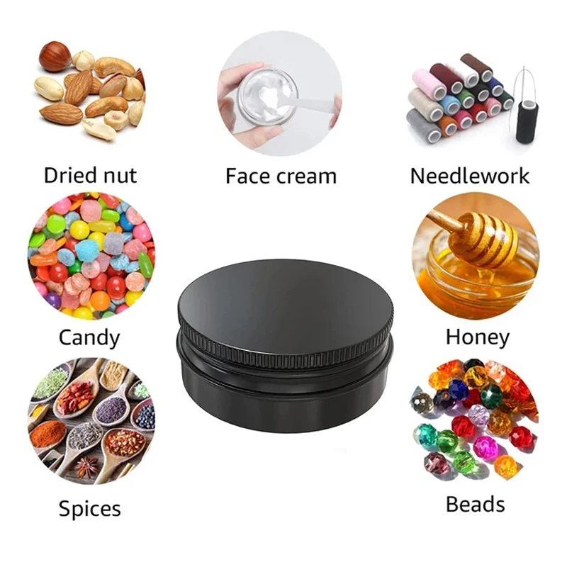 100pcs 5g 10g 15g 30g 50g 80g 100g 150g Black Aluminium Tin Jars Makeup Cream Lip Balm Container Empty Candle Tea Cans Metal Box