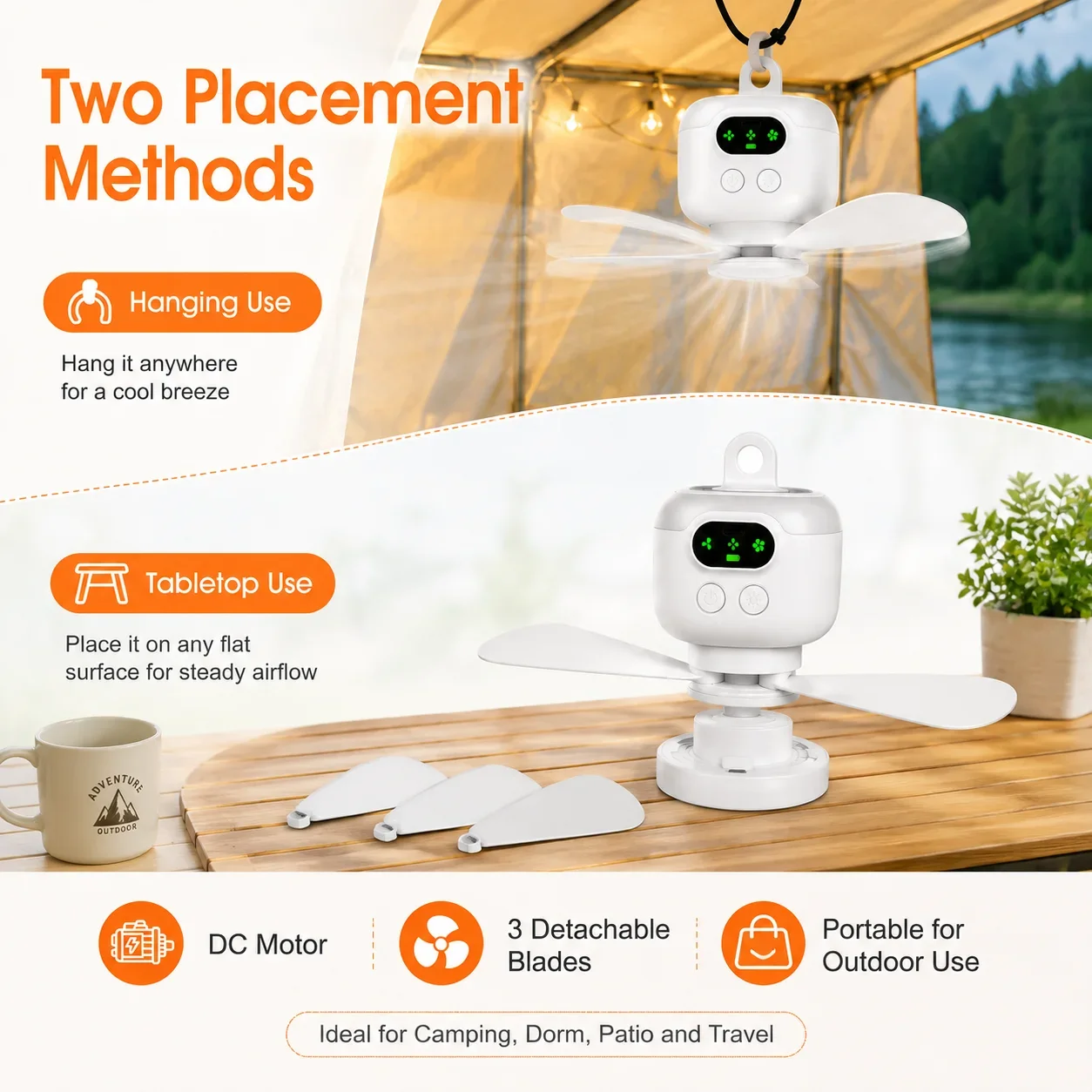 Portable USB Hanging Fan 27cm 8000mAh Rechargeable Remote Control 4 Speeds 2-8H Timer Detachable Blades for Camping Tent Dorm