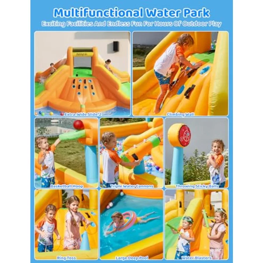 Backyard inflatable water slide for kids: PVC, blue and yellow, double wide slides with climbing wall, basketball hoop, 3 water