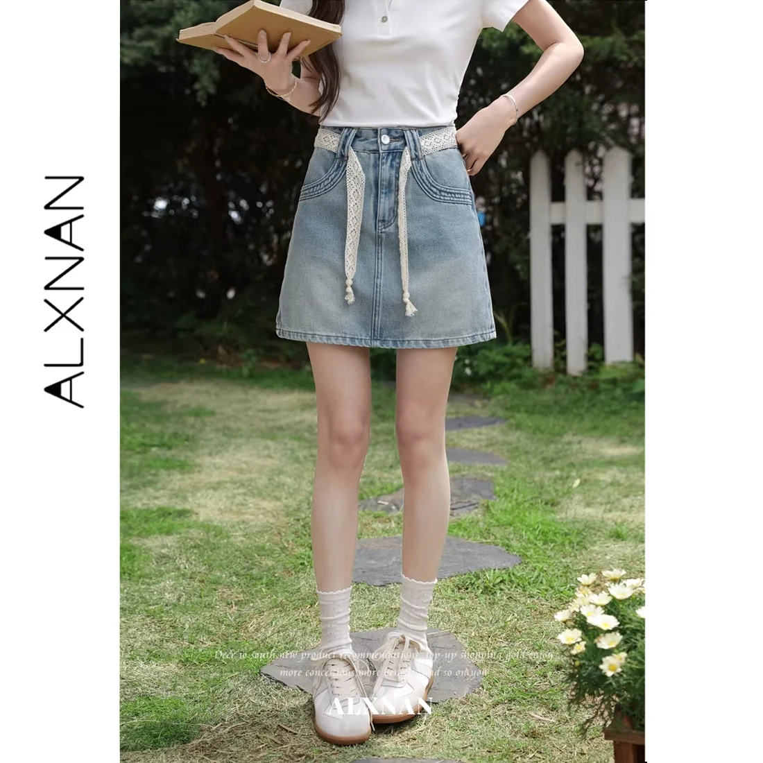 

ALXNAN Short Denim Skirt Women Summer Blue Mini Skirt High Waist Casual Vintage Short Skirt Female with A Lace Waist Tie L62912