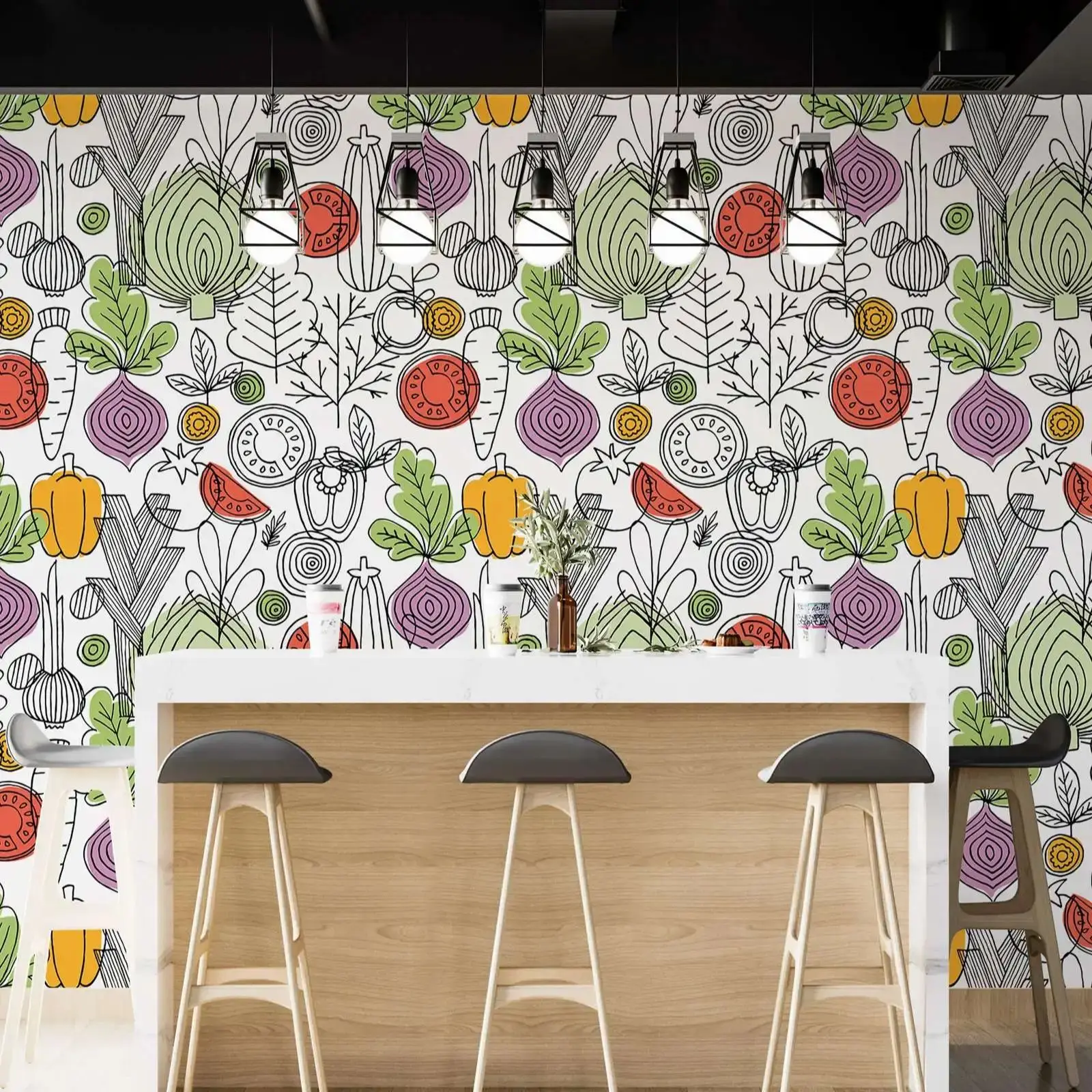 Vintage Vegetables Kitchen Wallpaper, Retro Kitchen Veggie Wall Decor, Farmhouse Wall Art For Kitchen,Self-adhesive Or Tradition