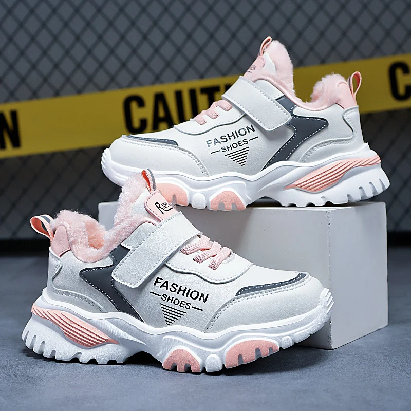 Girls Winter Fleece Lined Sneakers PU Leather Kids Chunky Shoes Thick Sole Non‑Slip Warm Plush Girls Casual Snow Sports Shoes