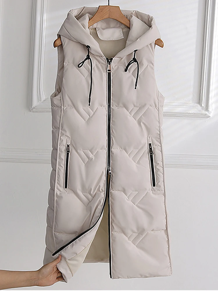 Winter Long Cotton Vest Women Elegant Warm Padded Waistcoat Ladies Casual Zipper Hooded Vest Female Chic Stylish Sleeveless Coat