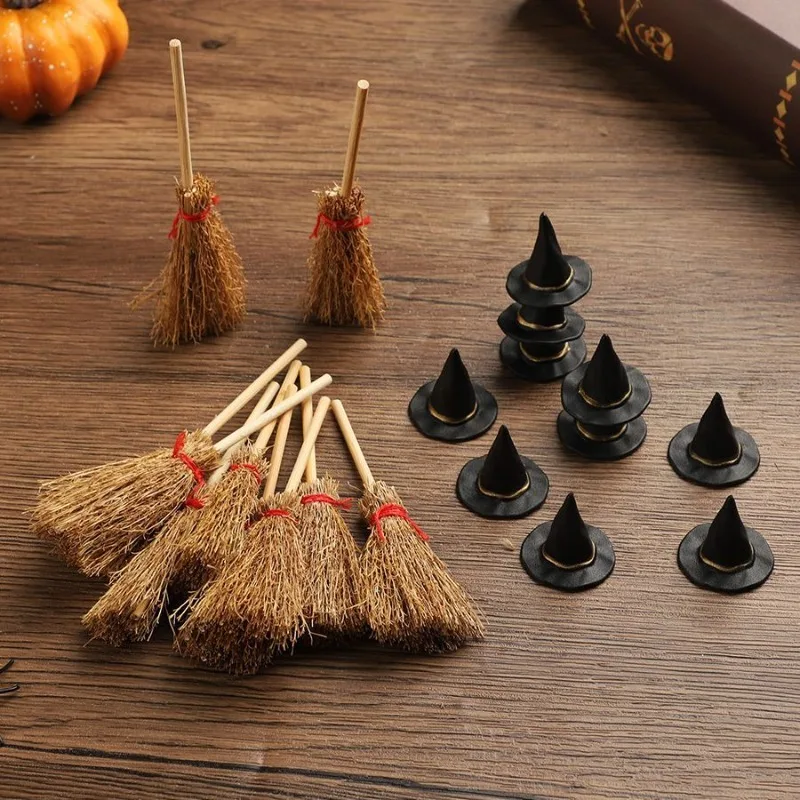 10/100pcs Mini Witch Hat and Broom Miniature Straw Brooms Halloween Party Craft Witches Decor Accessory Small Ornament DIY Decor - view 2