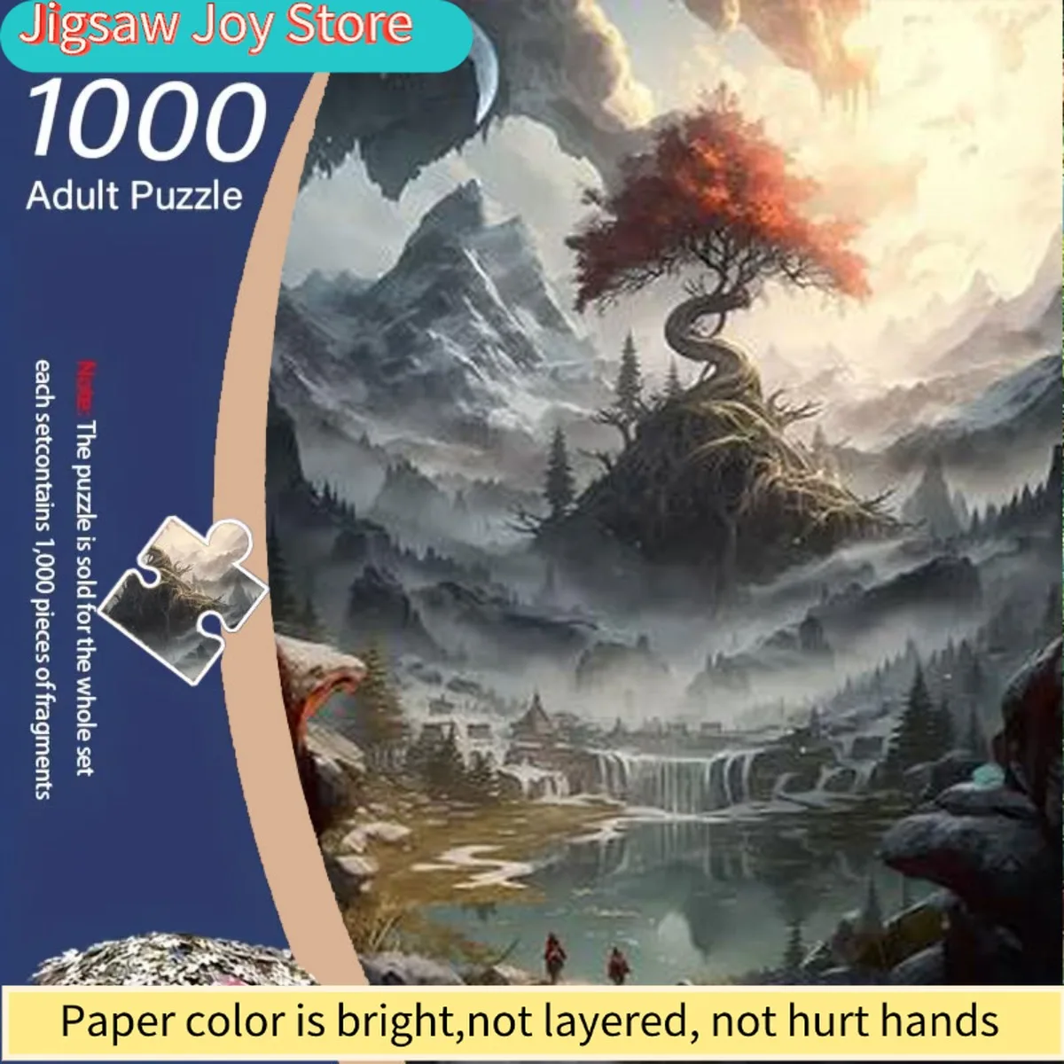 

1000pcs Adult Jigsaw Puzzle - Fantasy Misty Mountains with Red Trees, Moon & Glowing River - Challenging 1000pcs Picture Book