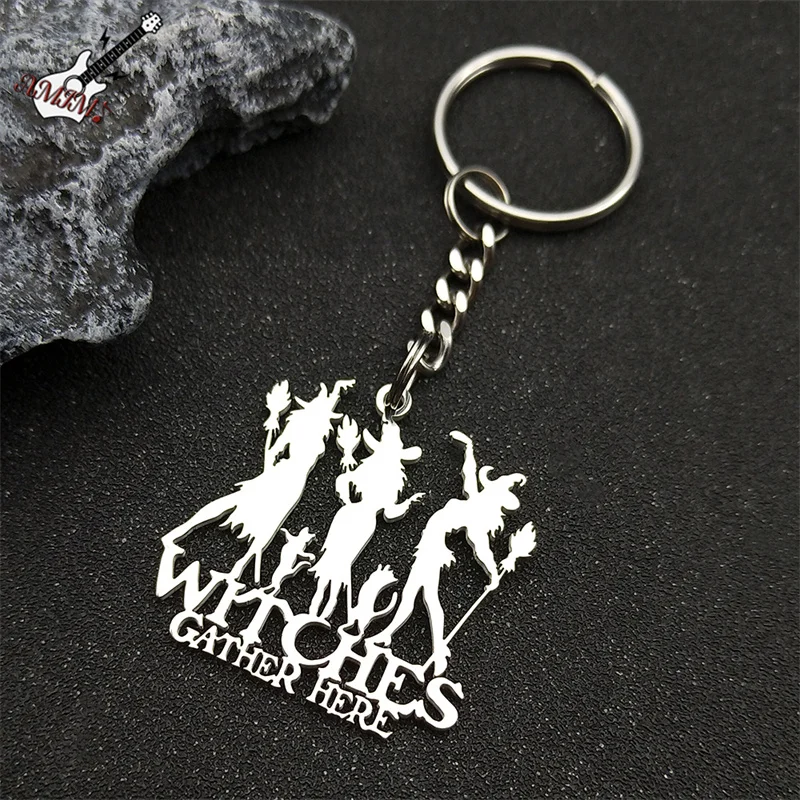 Witches Gather Here Pendant Key Chain For Women Men Black Color Witchcraft Cat Halloween Key Ring Gothic Jewelry Gift