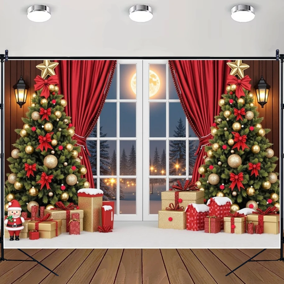 

MOON.QG Christmas Curtains Backgrounds For Photographs Window Pine Forest Backdrops Photoshoot Party Supplies Wallpaper Poster