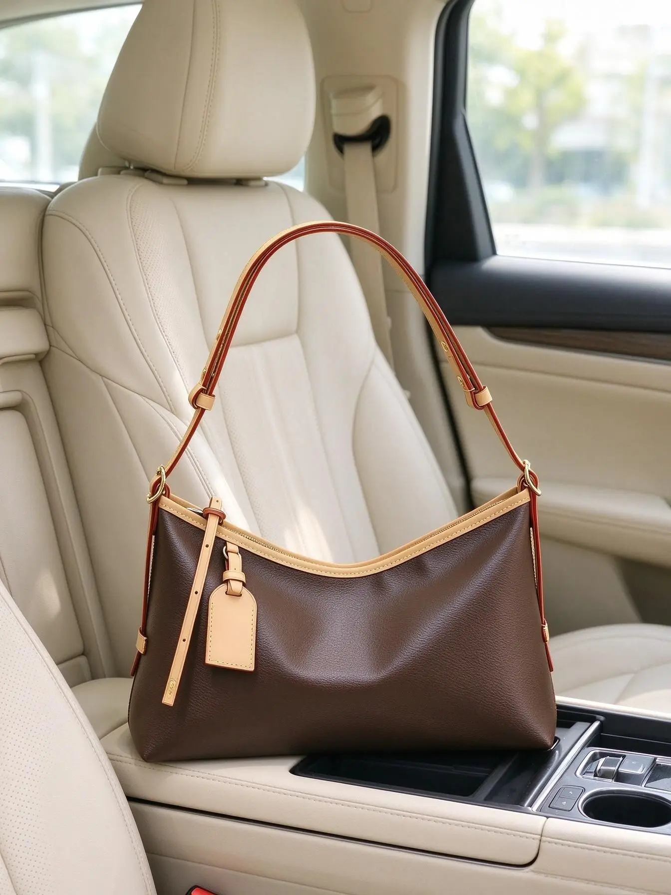 Women Vintage Hobo Shoulder Bag, Brown Grained PU Leather Purse, Contrast Color Trim, Adjustable Long Strap, Leather Tag Decor Large Capacity Daily Handbag