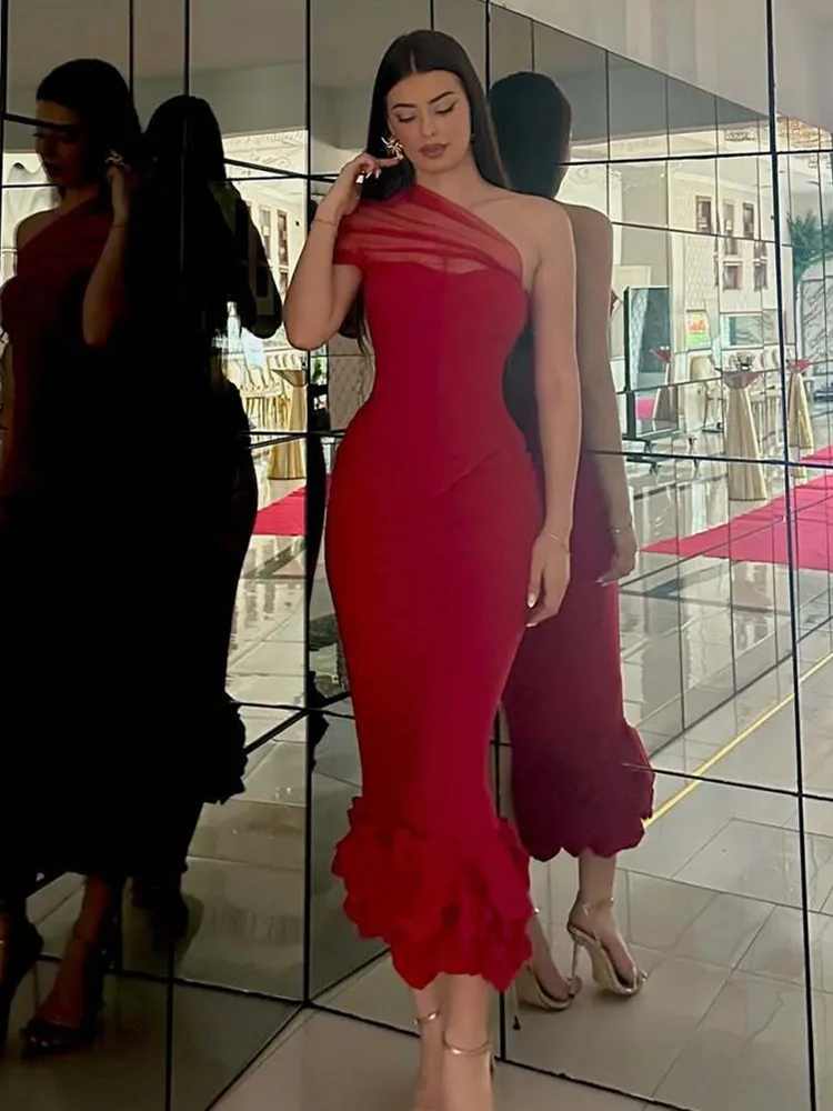 

2025 женский сексуальный сетчатый комплект на одно плечо, красная юбка-русалка из двух предметов, бандажный комплект, дизайнерский модный женский комплект знаменитостей