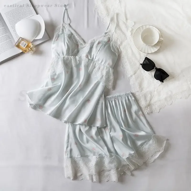 

Silky Satin Pajama Set Sexy Patchwork Lace Sleepwear Suspender Lingerie Summer New Strap Cami&Shorts Female Homewear Loungewear