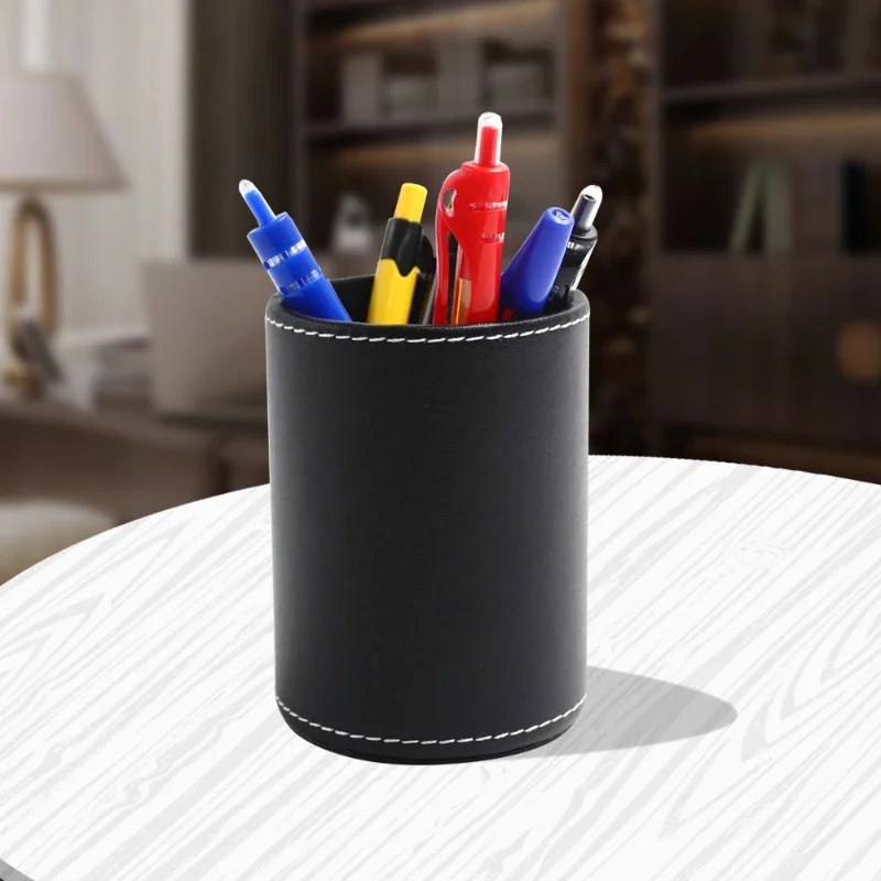 Retro Leather Round Pen Holder Desktop Stationery Sundries Storage Tube Office Supplies Finishing Storage Tank Desktop Organizer