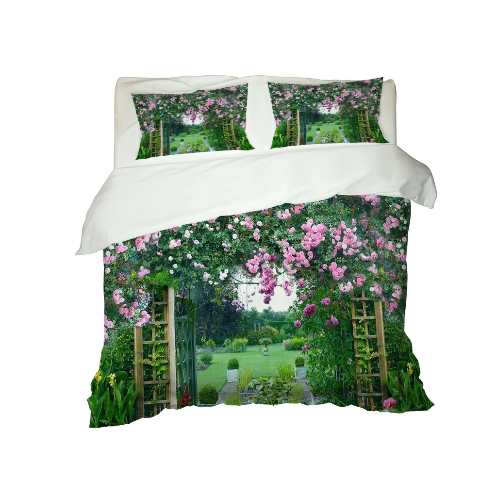 HUANZHUANG Duvet Cover Set Single Size Girls Boys Kids 3D Garden Pink Flower Vine Bedding Duvet Cover Set With Zipper Closure