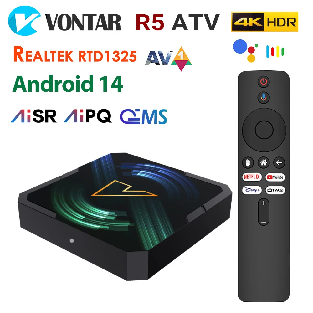 VONTAR R5 ATV TV Box Android14 Realtek1325 compatible con AI-PQ AI-SR HDR10 + Wifi6 4K HD 2.1b AV1 100M LAN reproductor multimedia decodificador