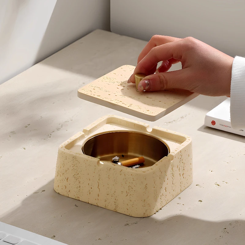 

Retro Natural Travertine Ashtray with Lid, Luxury Stone Cigar Ash Tray for Home Office Living Room, Covered Smoke Set Decor