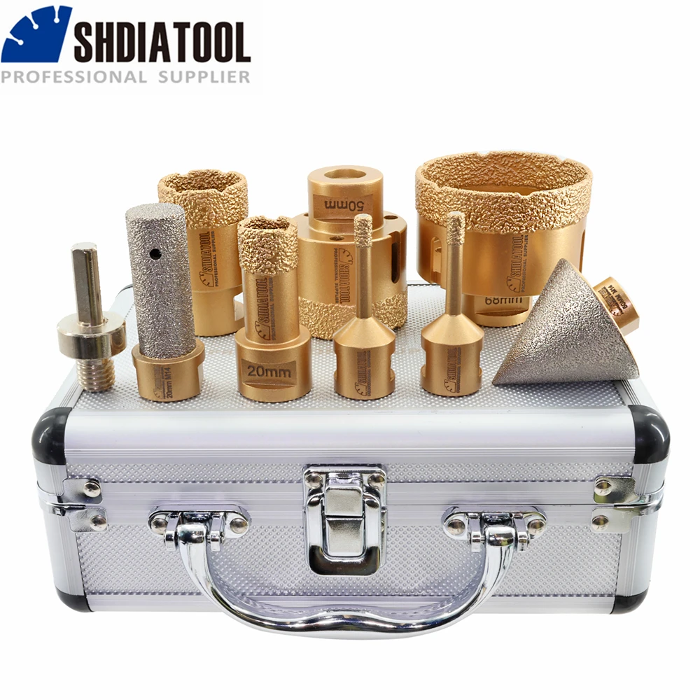 SHDIATOOL 9pcs/Box Diamond Drill Bits Kit M14 6/6/20/35/50/68mm Drilling Crown+20mm Milling Finger Bit+50mm Chamfer+Adapter