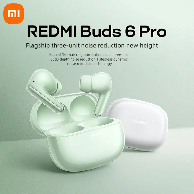 سماعات رأس Xiaomi Redmi Buds 6 Pro اللاسلكية 55 DB إلغاء الضوضاء النشط صوت عالي الدقة مع LDAC صوت مدمج الأبعاد Mi
