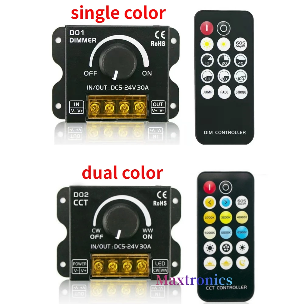 DC5-24V 30A LED Strip Light Knob Switch Dimmer with Wireless RF Controller for Single Color / CCT Tape Lights Stepless Dimming