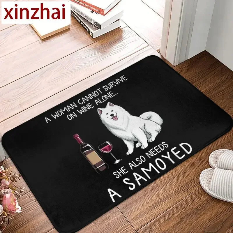 Samoyed And Wine Funny Dog Front Door Mat Anti-Slip Outdoor Absorbent Doggy Puppy Pet Doormat Living Room Entrance Rug Carpet