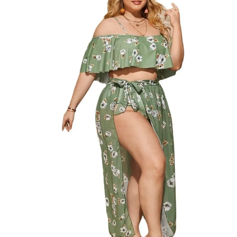 Damen-Bikini-Set in Übergröße mit hoher Taille – Überzug mit Rüschenrock und Blumendruck