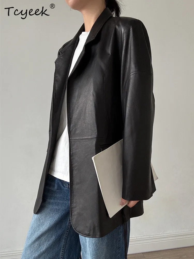 Tcyeek veste en cuir véritable femmes automne vêtements réel manteaux en peau de mouton pour femme mi-longue Trench Coat Semi tannage végétal