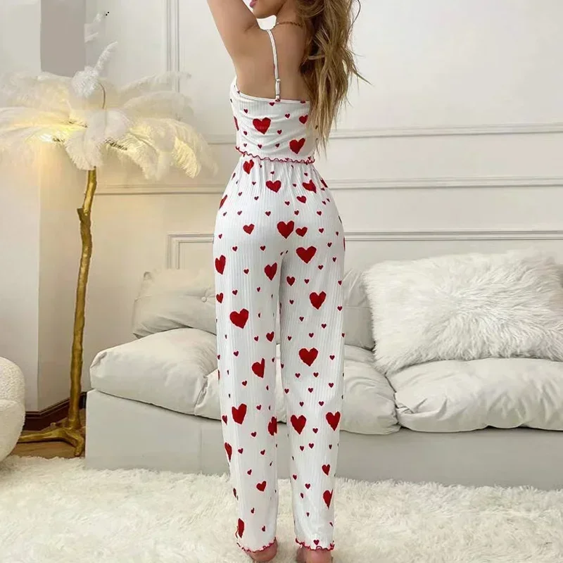 Women's Sleepwear Casual Heart Pattern Red Ruffle Camisole + Red Heart Print Long Pants 2 Pieces Pajamas Set 6