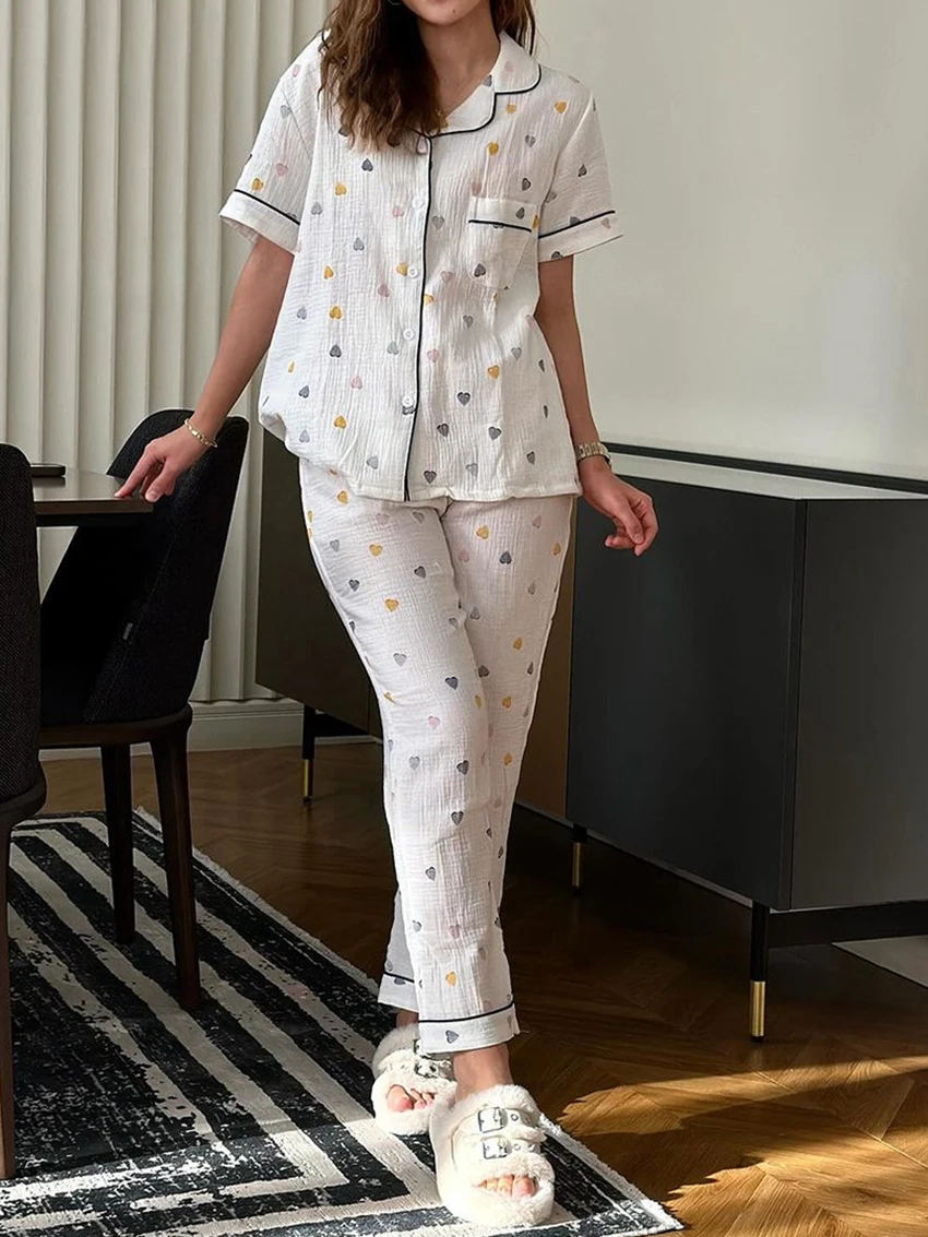 

Marthaqiqi Summer Cotton Ladies Sleepwear Suit Short Sleeve Nightgown Turn-Down Collar Pajamas Pants Casual Printing Pyjamas Set