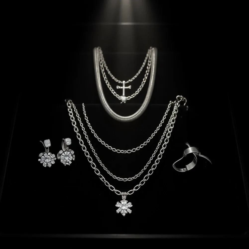 

Набор из 60 предметов позолоченной бижутерии: колье, браслет, серьги и кольца для женщин