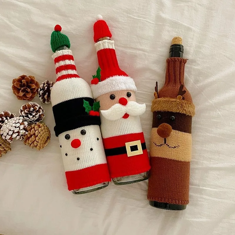 Christmas Wine Bottle Cover Set Santa Snowman Woven Wine Bottle Bags for Christmas Party Dinner Table Decorations New Year Gifts