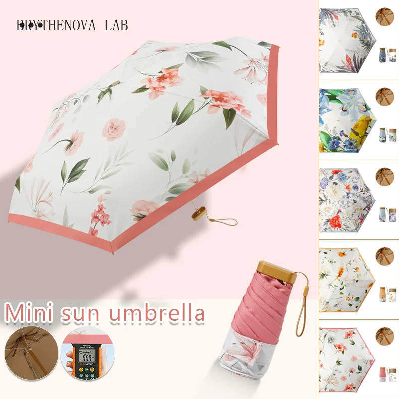 6 Folding Mini Parasol Manual Compact Pocket Rain Sun Dual Umbrella Use Floral Anti UV Ultra Light Mini Pocket Umbrellas