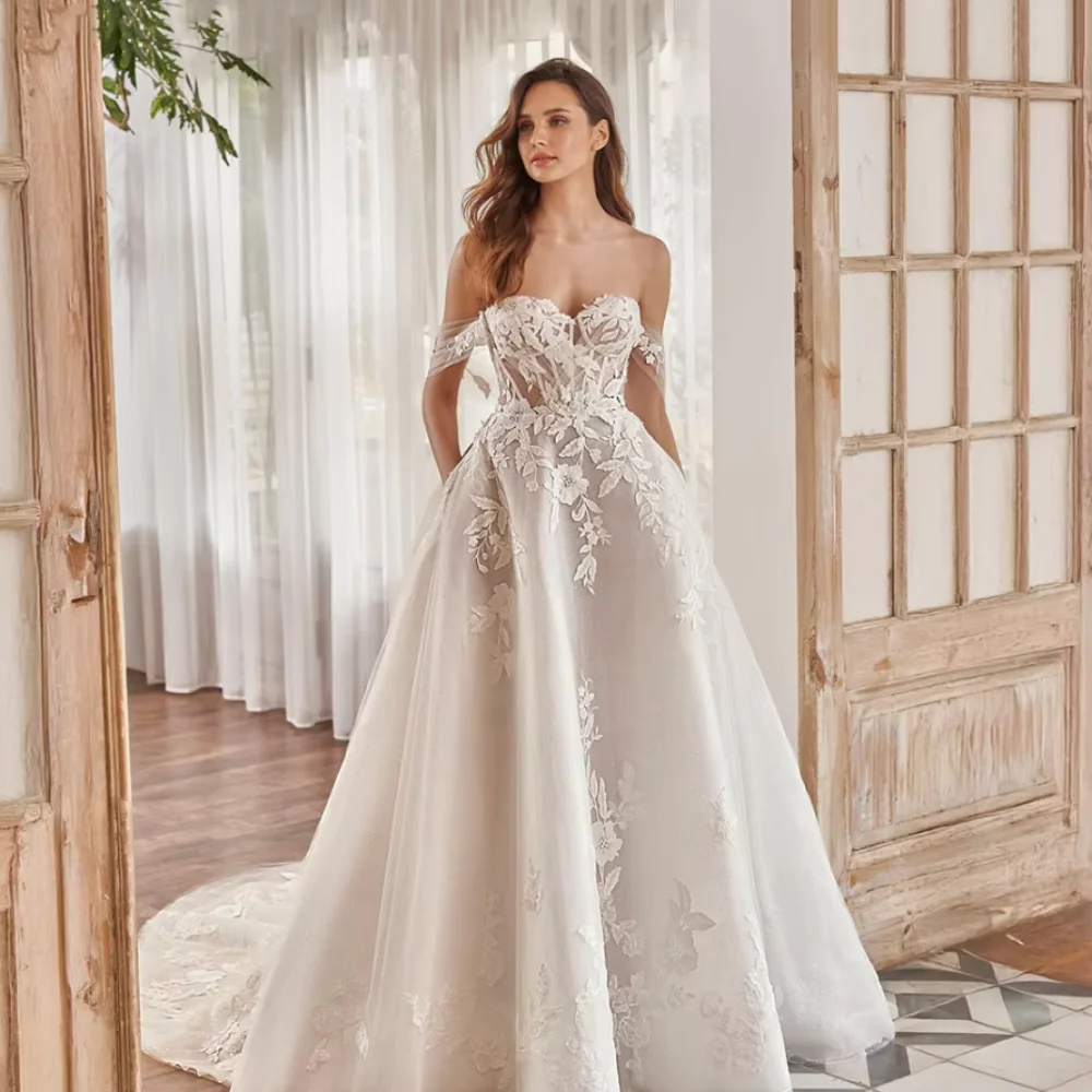 Angepasst Spitze Brautkleid Tüll Applique A-linie Braut Kleider Off Schulter Illusion Brautkleider Luxus vestidos de novia