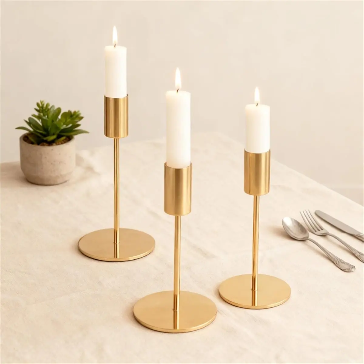 Time Saving Set of 3 Gold Candle Holders, Taper Candles,Decorative Vintage Candle Holder,for Birthday Meals, Anniversary, Weddin