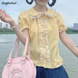 Shirts Women Peter Pan Collar Plaid Crop Top Slim Kawaii Lovely Sweet Classic Retro Basic College Ulzzang Gentle Ins Рубашки New