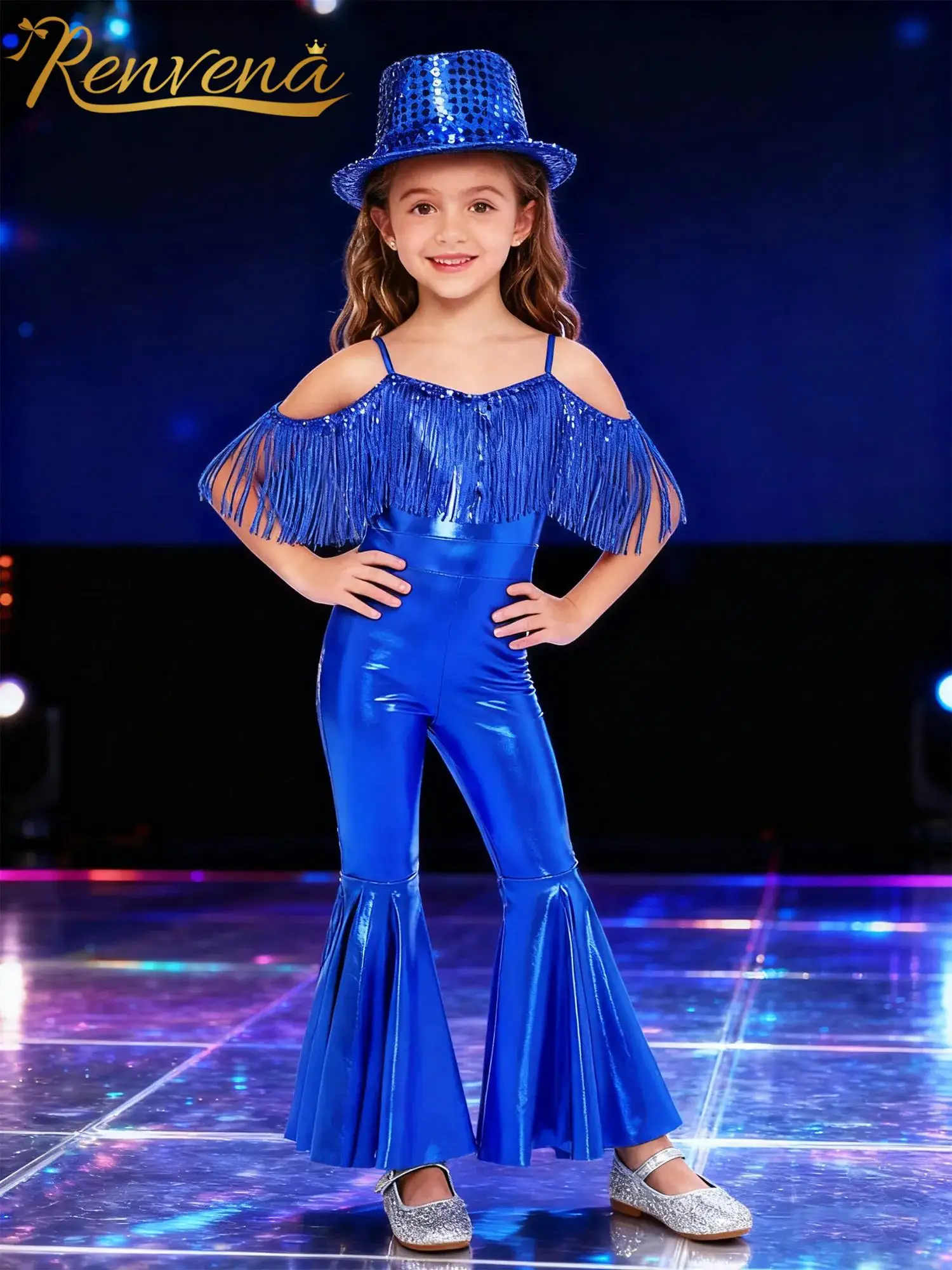 Girls Flare Jumpsuit 60s Disco Bell Bottom Shiny Sequins Party Costume Hippie Costume Kids Jazz Dance 70s 80s Outfit Tassel Prom