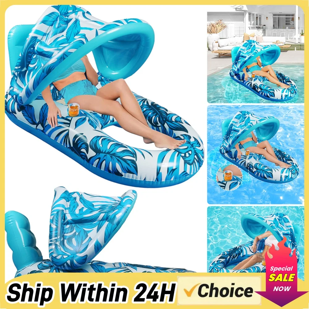 PVC Inflatable Pool Float Floating Chair Air Mattress with Sunshade Swimming Pool Floaties Lounger Water Hammock with Cup Holder