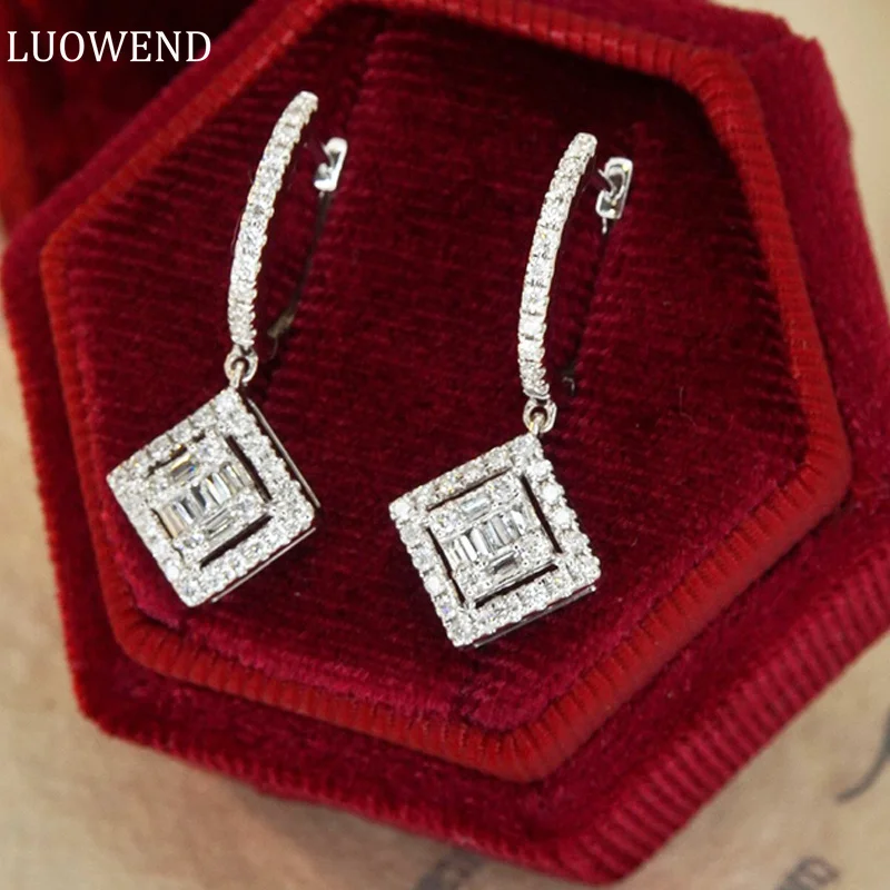 

LUOWEND 18K White Gold Earrings Real Natural 0.70carat Diamond Earrings for Women Shiny Square Design Fashion Wedding Jewelry