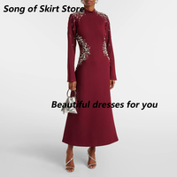 Burgundy Evening Dress Customized Long Sleeves High Neck Beading Crystal Saudi Prom Gown Fashion Arabian Vestidos De Fiesta
