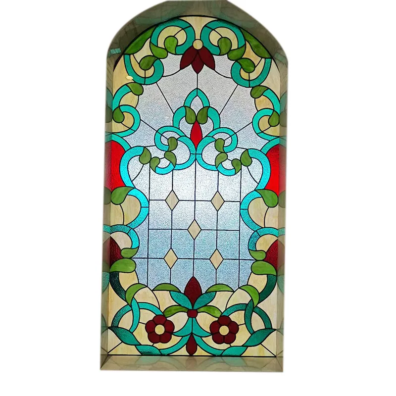 

Красочная винтажная оконная перегородка из росписного стекла с инкрустацией и рельефным узором в стиле храмового искусства
