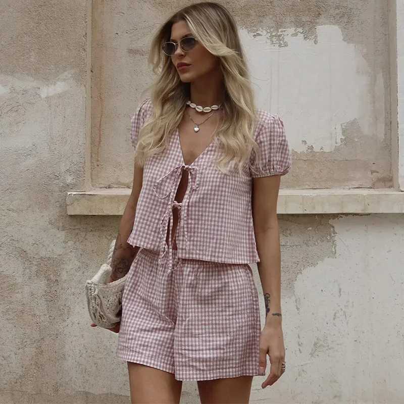 TARUXY Lattice Shirt Short-Sleeved Suit Women's Summer New Puff Sleeves V-Neck Lace Up Shorts Leisure Set Female Travel Clothing